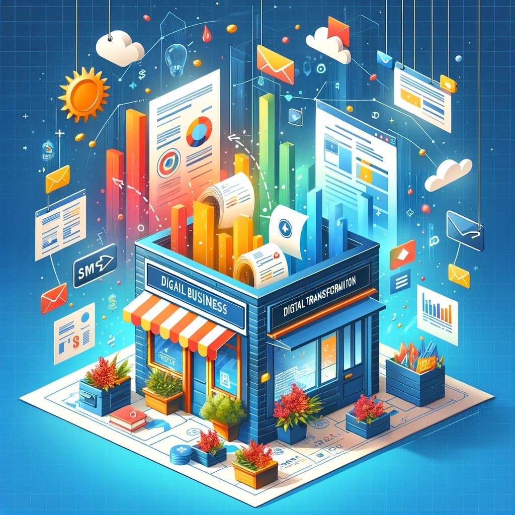 DALL·E 2024-02-29 15.54.36 – Create an image of 1024×1024 pixels illustrating a small business undergoing digital transformation. Visualize a scene where paper documents are trans