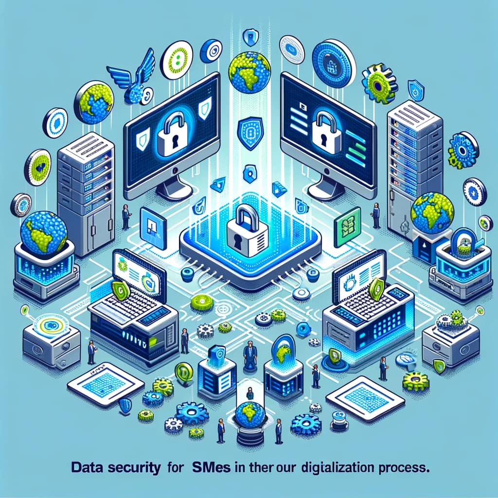 DALL·E 2024-02-29 16.01.37 – Create an image of 1024×1024 pixels emphasizing the importance of data security for SMEs in their digitalization process. Visualize a scene where elem