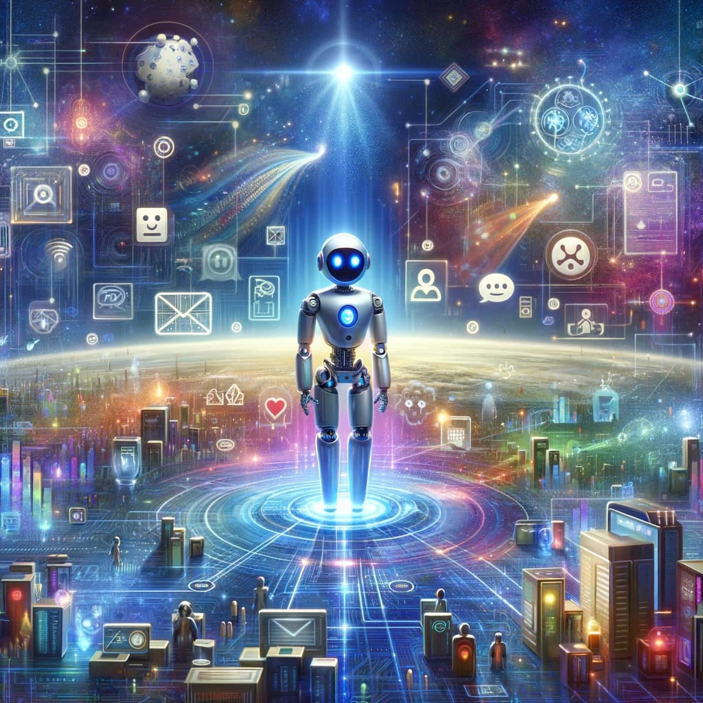 DALL·E 2024-03-01 09.08.43 – Create an imaginative and futuristic illustration that symbolizes the role of a chatbot in the digital era. The scene unfolds in a vibrant digital lan